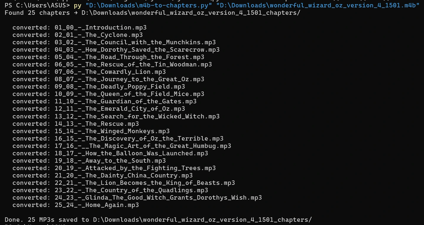 Terminal showing the chapterization script running: a line reporting how many chapters were found, a line for each chapter as it's converted, then a Done message