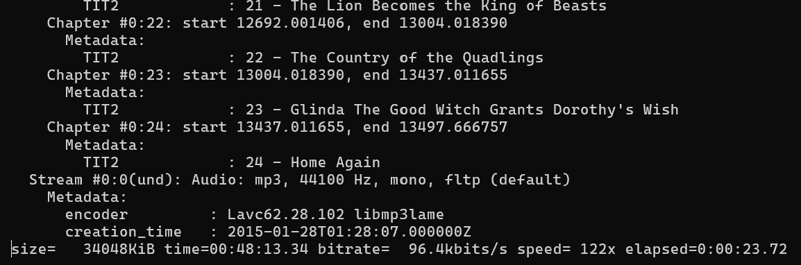 Terminal window showing the ffmpeg conversion command running, with progress output for duration, speed, and bitrate