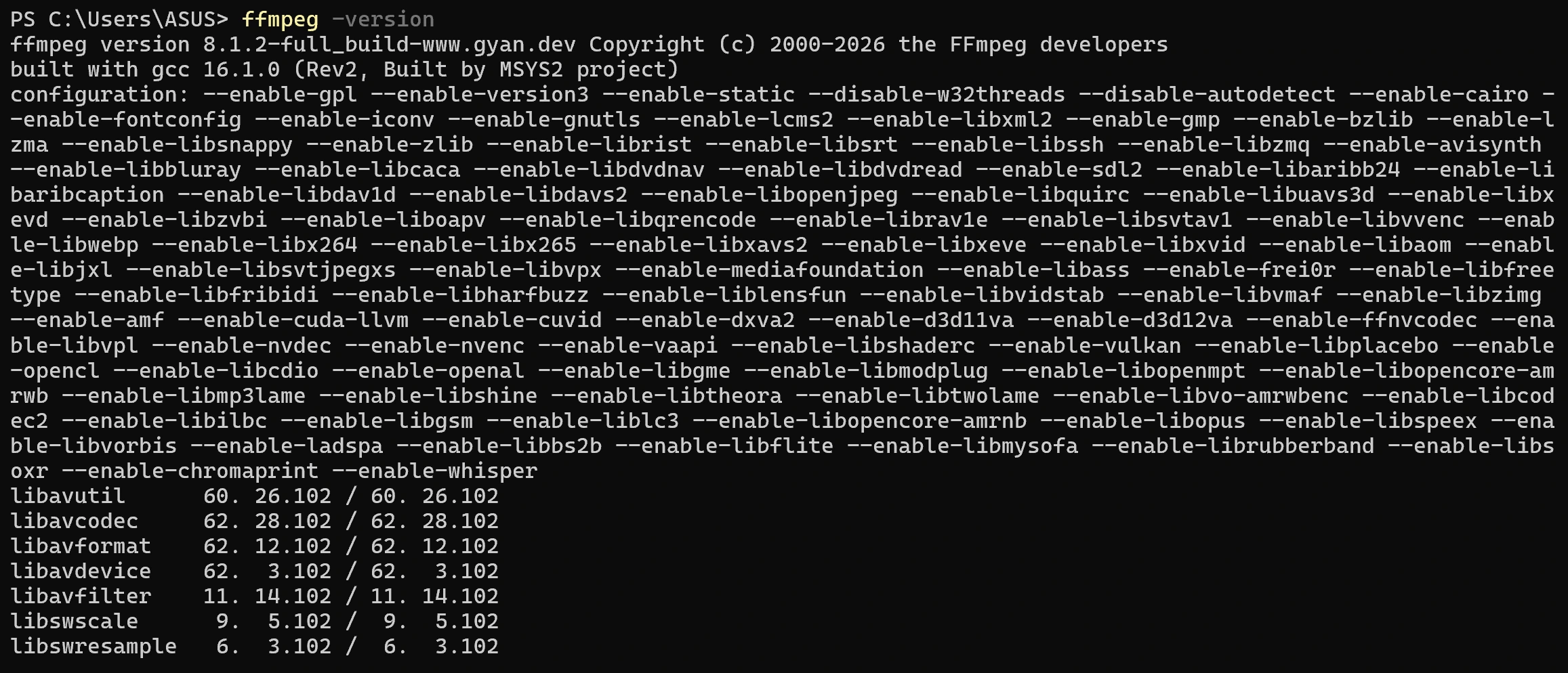 Terminal showing the output of ffmpeg -version after a successful install, with the version string and build info visible
