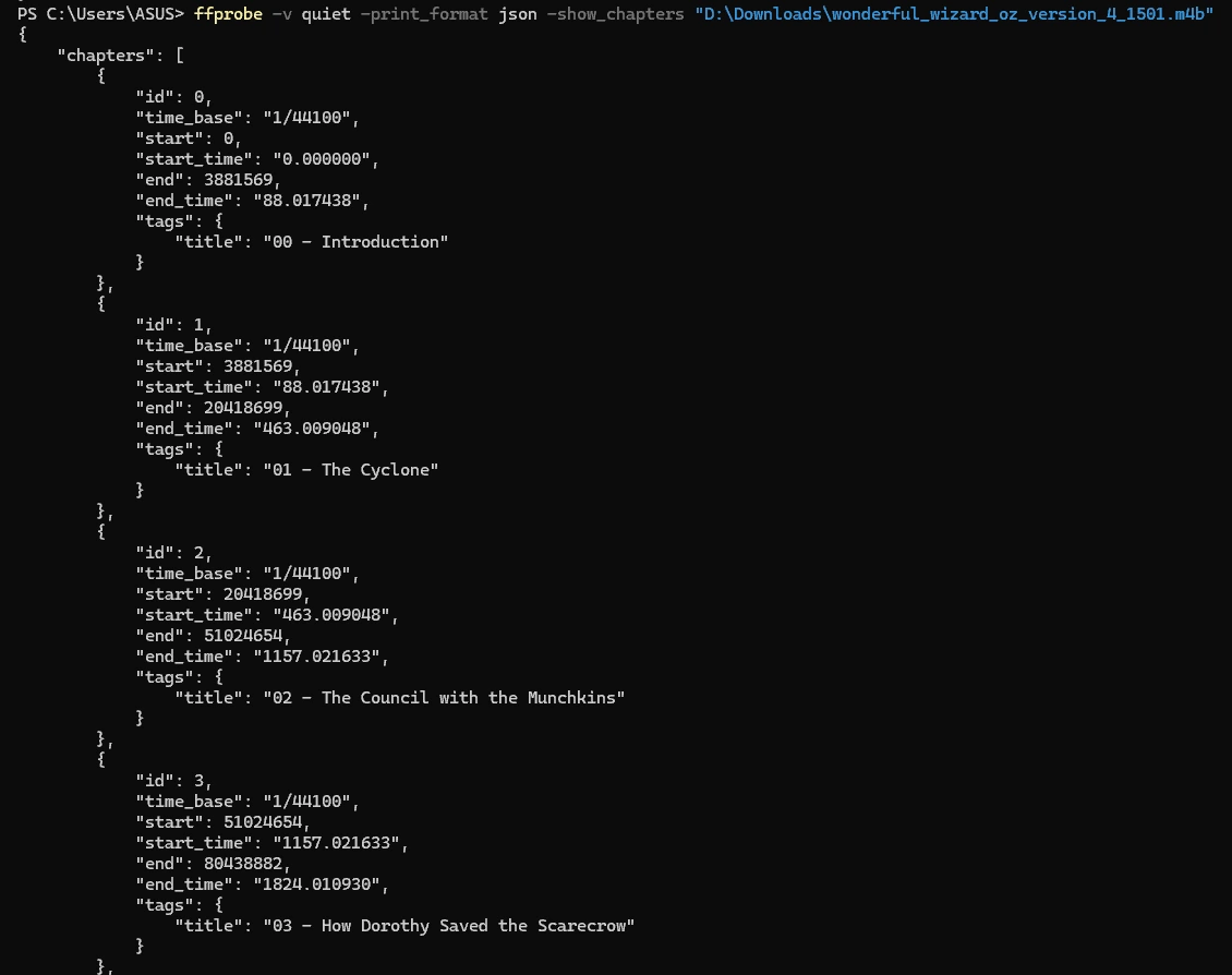 Terminal showing ffprobe JSON output for an M4B file, listing chapter id, start_time, end_time, and title fields
