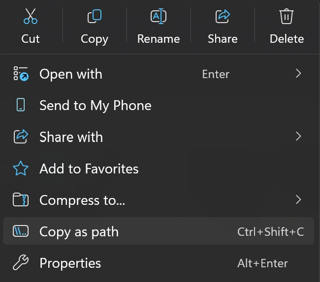 Windows right-click context menu on an .m4b file, with the Copy as path option highlighted